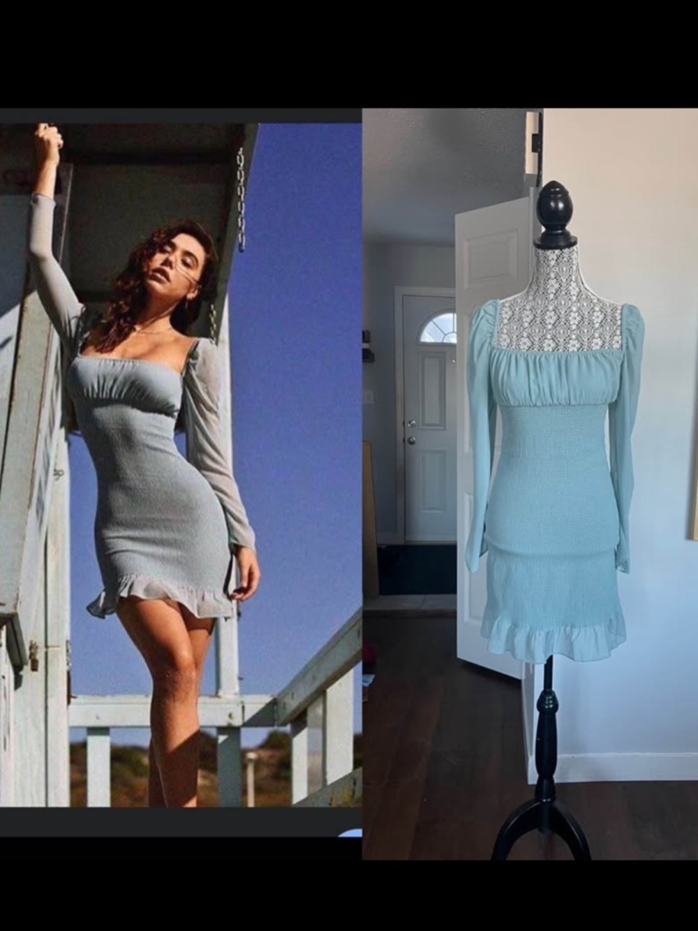 Aritzia Medium Ballad Smocked Stretchy Dress. Sage Stone Blue.